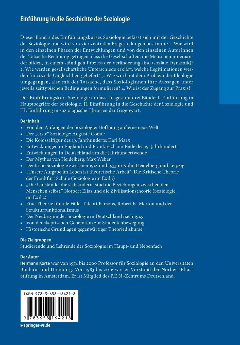 Rückseite: 9783658164218 | Einführung in die Geschichte der Soziologie | Hermann Korte | Buch