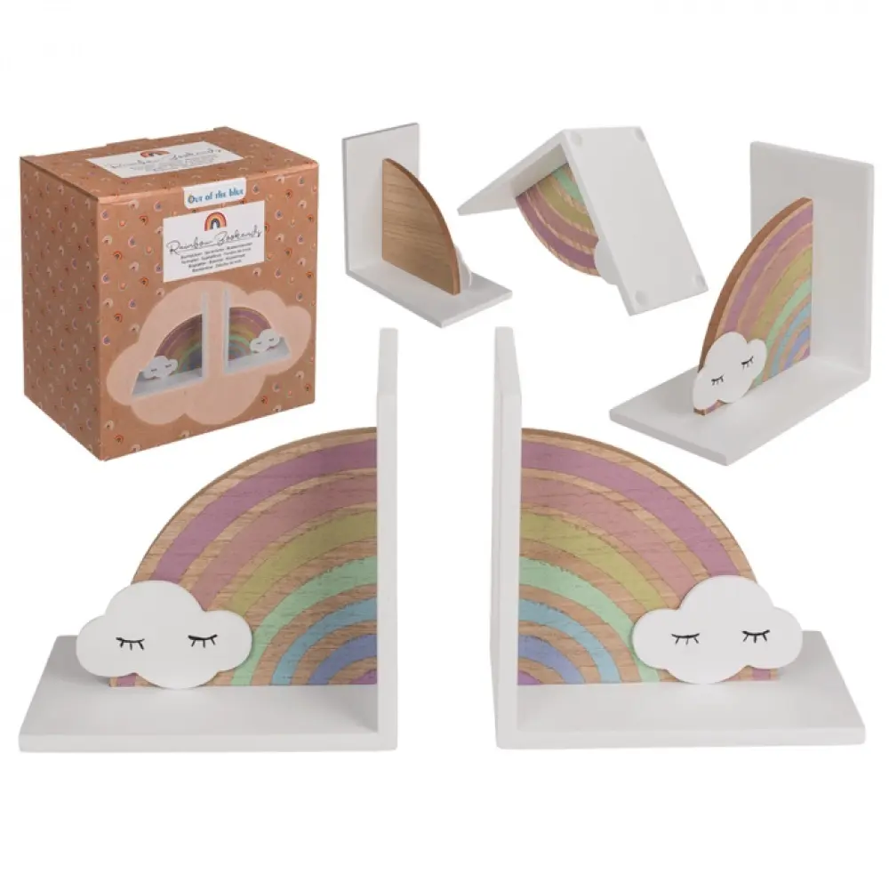 Holz-Buchstuetze, Regenbogen mit Wolke,