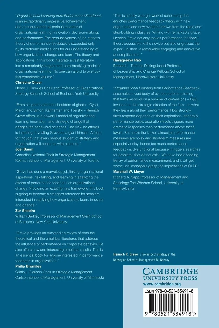 Rückseite: 9780521534918 | Organizational Learning from Performance Feedback | Henrich R. Greve