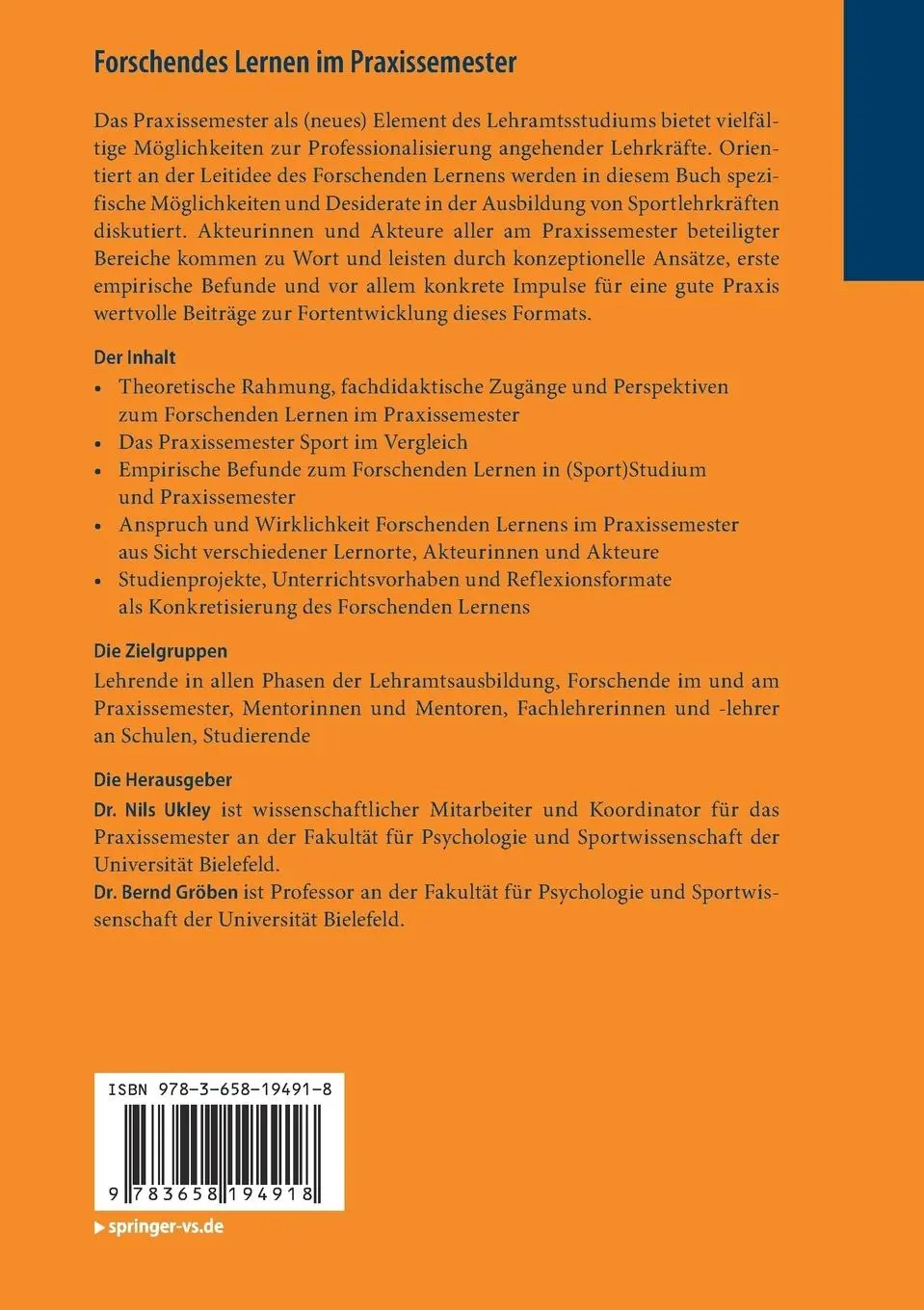 Rückseite: 9783658194918 | Forschendes Lernen im Praxissemester | Nils Ukley (u. a.) | Buch