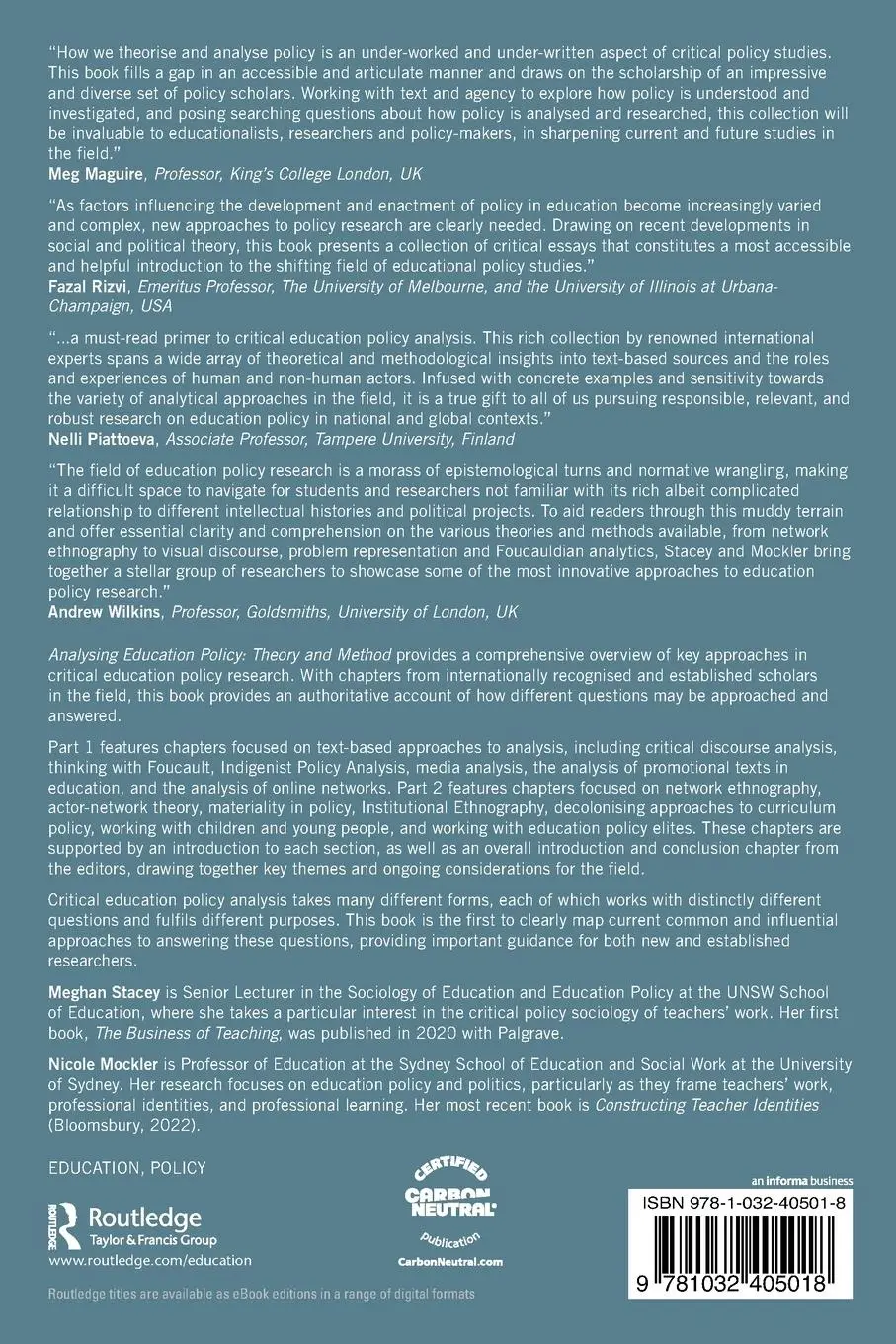 Rückseite: 9781032405018 | Analysing Education Policy | Theory and Method | Meghan Stacey (u. a.)