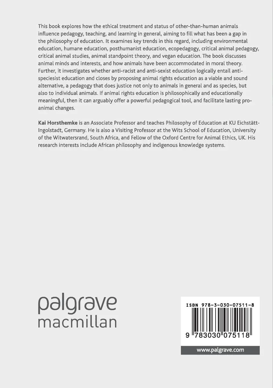 Rückseite: 9783030075118 | Animal Rights Education | Kai Horsthemke | Taschenbuch | xx | Englisch