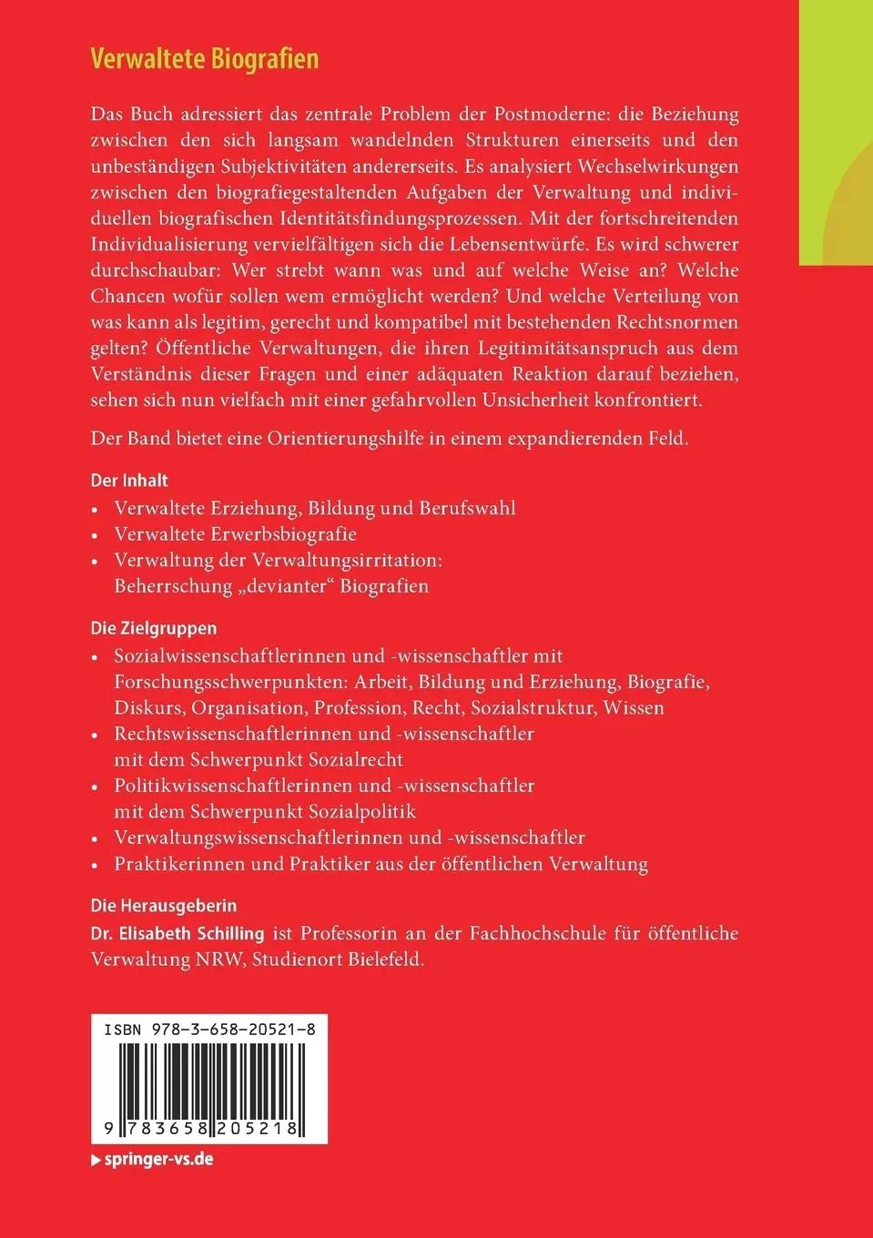 Rückseite: 9783658205218 | Verwaltete Biografien | Elisabeth Schilling | Taschenbuch | xxiii