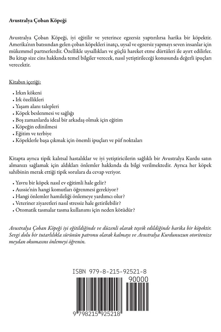 Rückseite: 9798215925218 | Avustralya Çoban Köpe¿i | Yusuf Yilmaz | Taschenbuch | Türkisch | 2023
