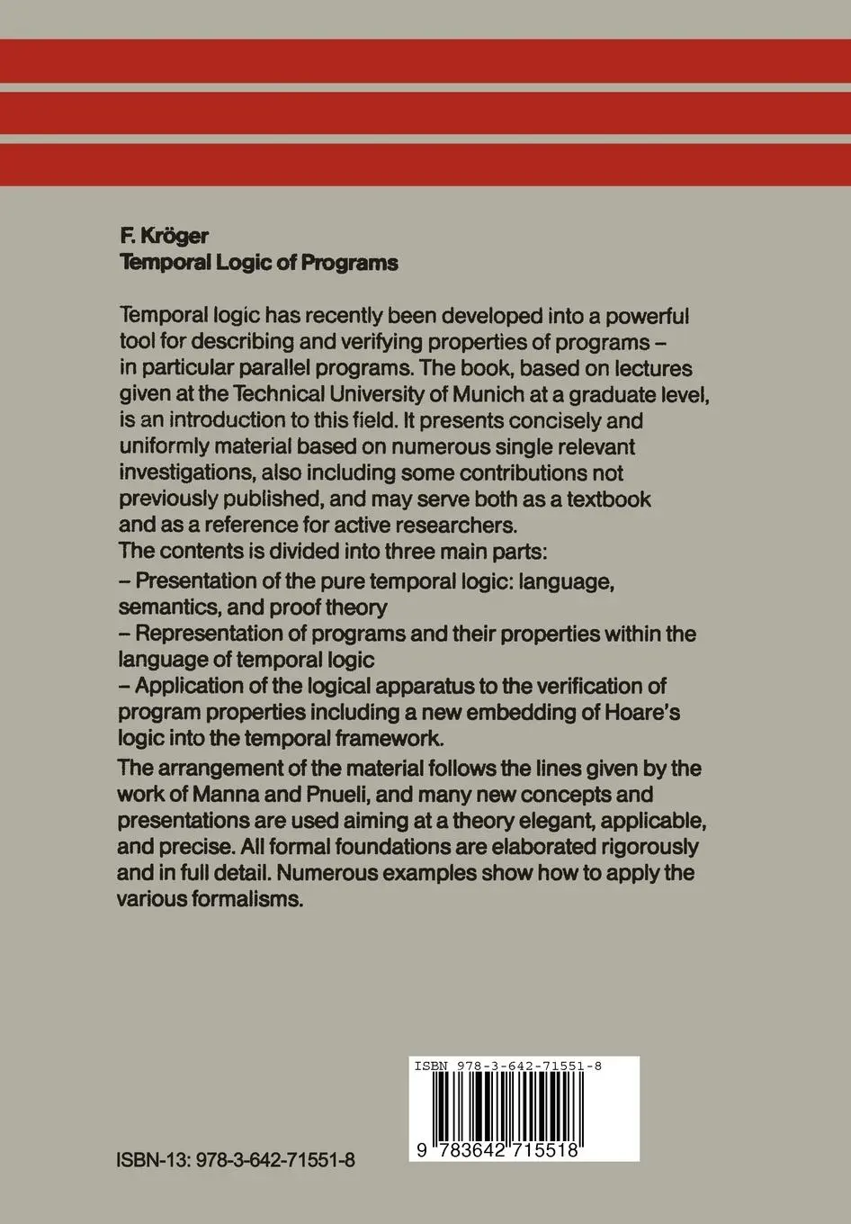 Rückseite: 9783642715518 | Temporal Logic of Programs | Fred Kröger | Taschenbuch | viii | 2011