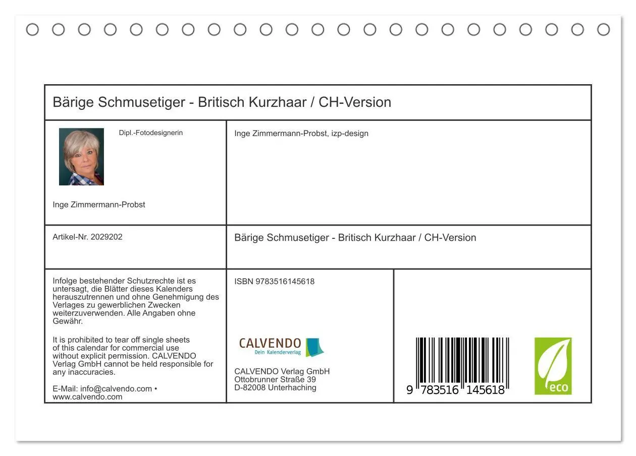 Bild: 9783516145618 | Bärige Schmusetiger - Britisch Kurzhaar / CH-Version (Tischkalender...