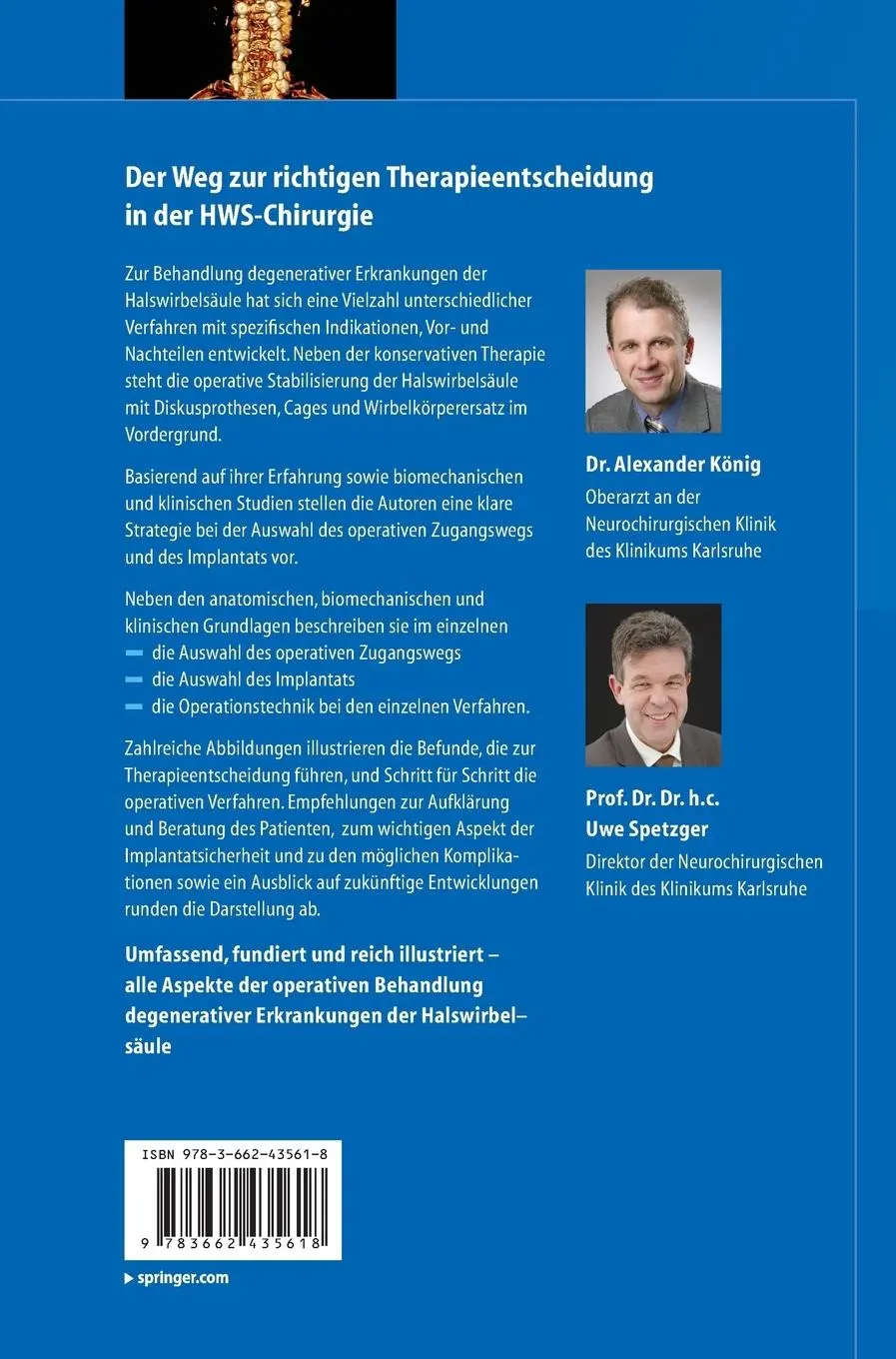 Rückseite: 9783662435618 | Degenerative Erkrankungen der Halswirbelsäule | Uwe Spetzger (u. a.)