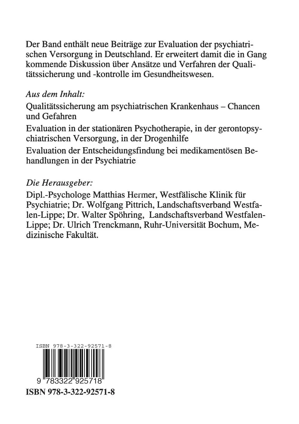Rückseite: 9783322925718 | Evaluation der psychiatrischen Versorgung in der Bundesrepublik | Buch