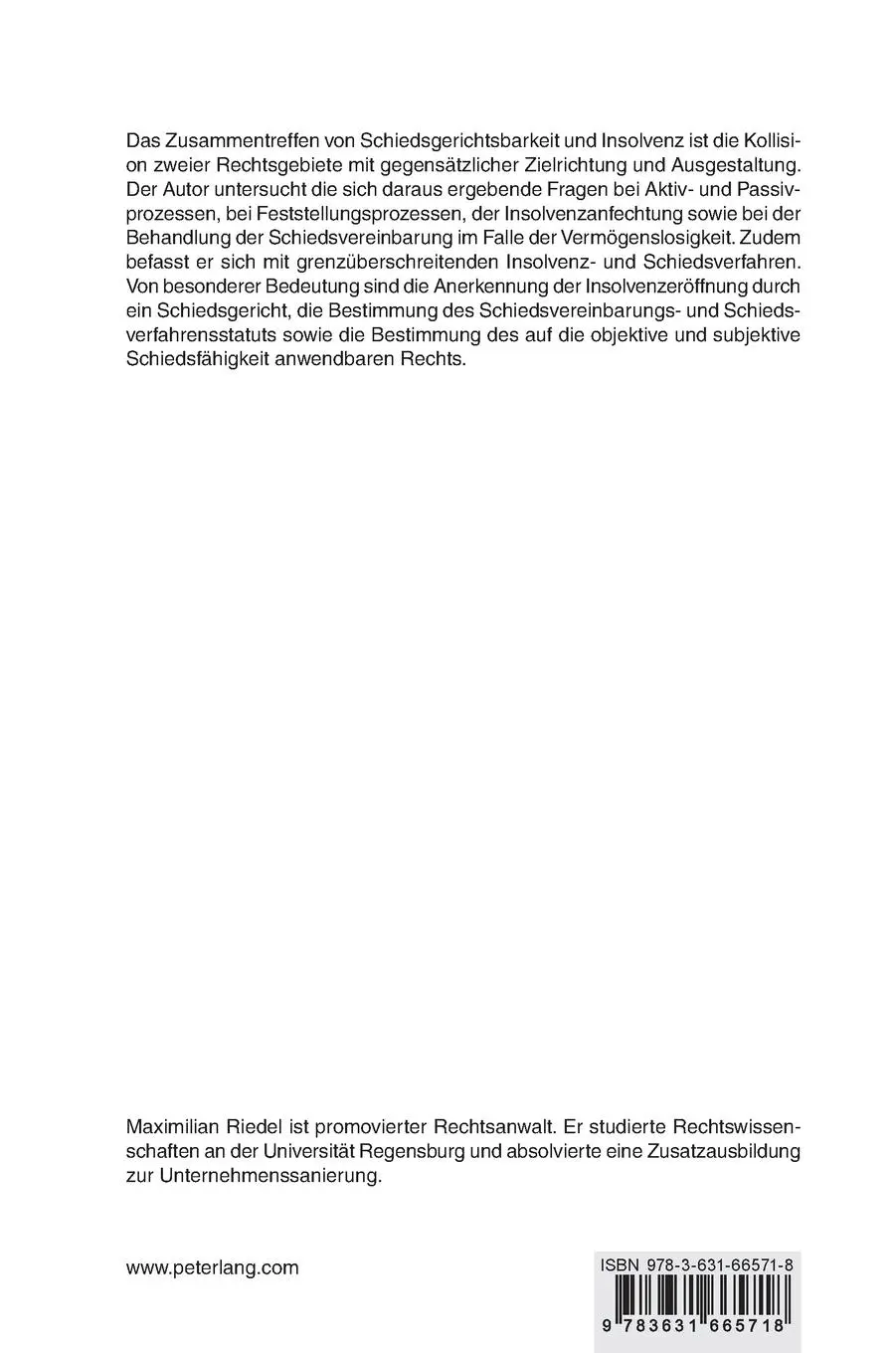 Rückseite: 9783631665718 | Insolvenz in nationalen und internationalen Schiedsverfahren | Riedel