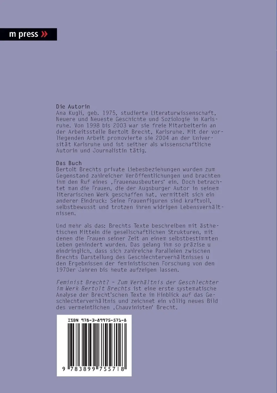 Rückseite: 9783899755718 | Feminist Brecht? | Ana Kugli | Taschenbuch | 222 S. | Deutsch | 2006