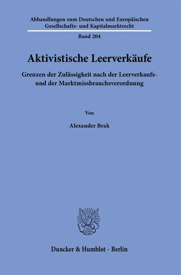 Cover: 9783428185818 | Aktivistische Leerverkäufe | Alexander Brak | Taschenbuch | 217 S.