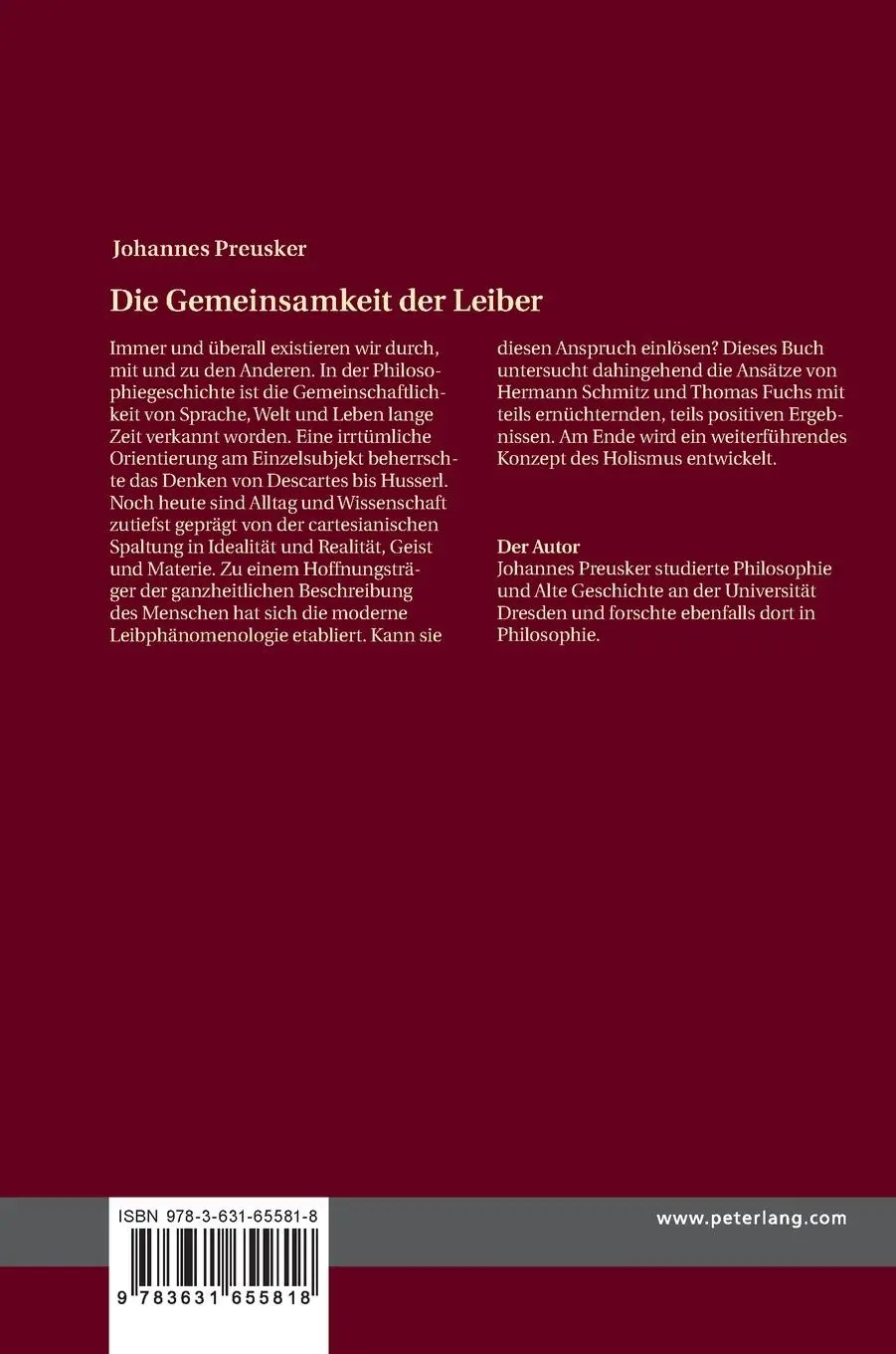 Rückseite: 9783631655818 | Die Gemeinsamkeit der Leiber | Johannes Preusker | Buch | Gebunden