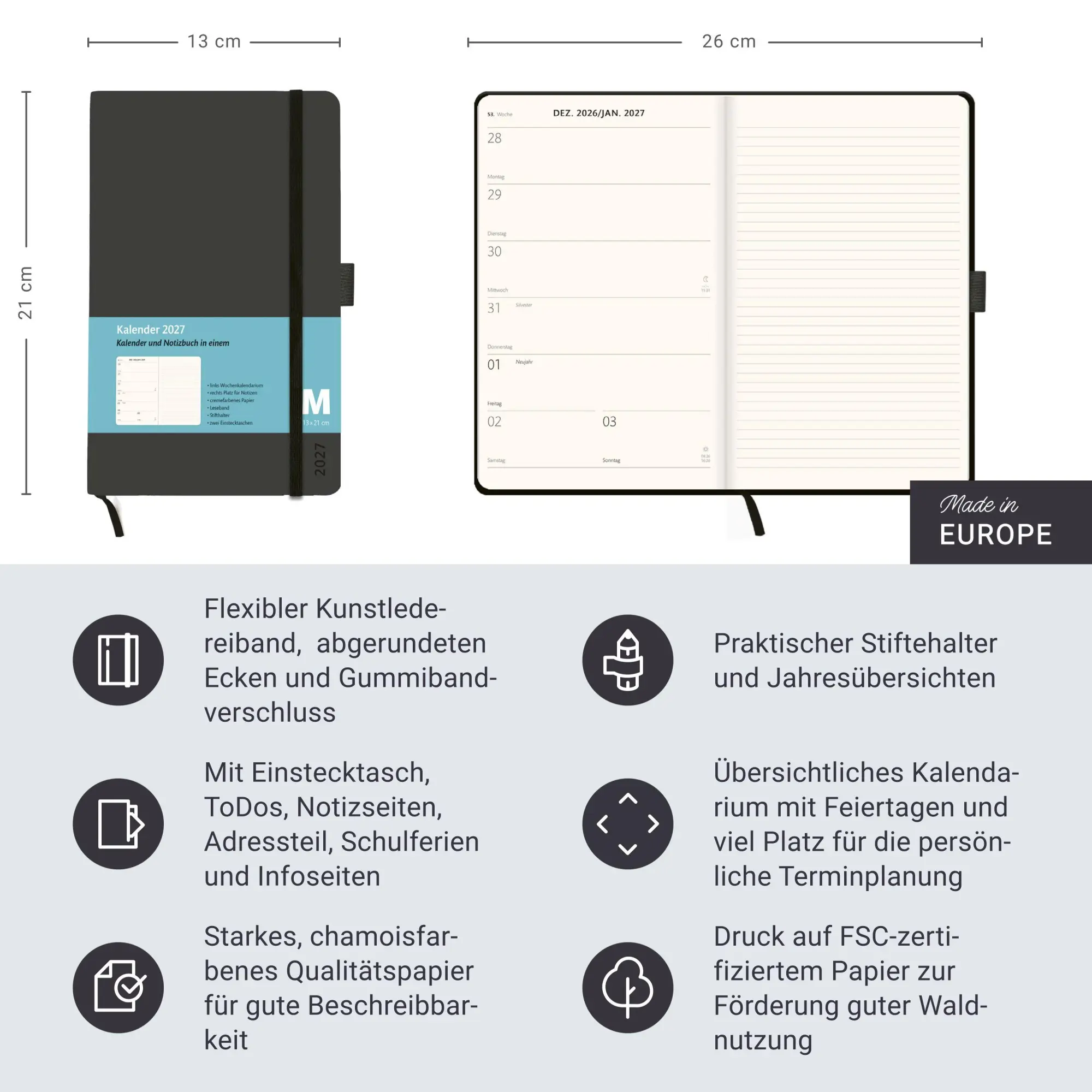 Bild: 9783756416318 | Kombitimer schwarz mittel 2027 | Heye | Buch | Bürokalender Heye