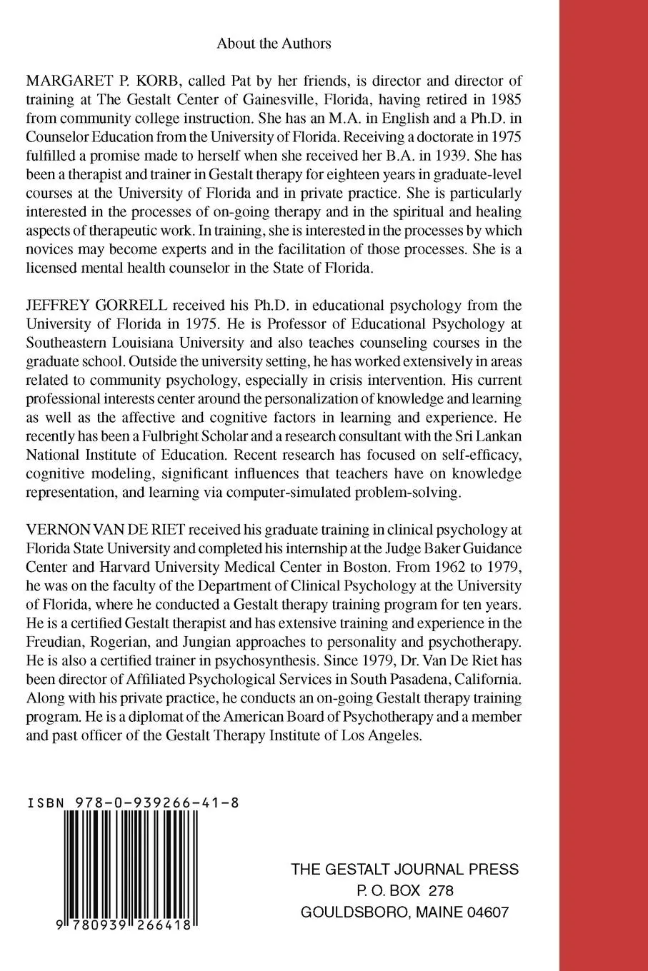 Rückseite: 9780939266418 | Gestalt Therapy: Practice and Theory | Margaret P. Korb (u. a.) | Buch