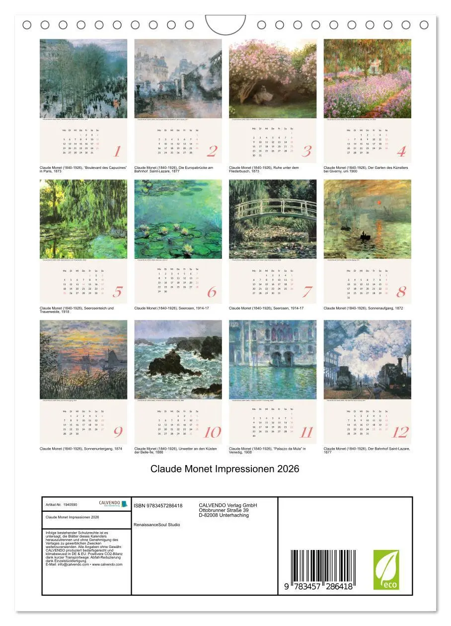 Bild: 9783457286418 | Claude Monet Impressionen 2026 (Wandkalender 2026 DIN A4 hoch),...