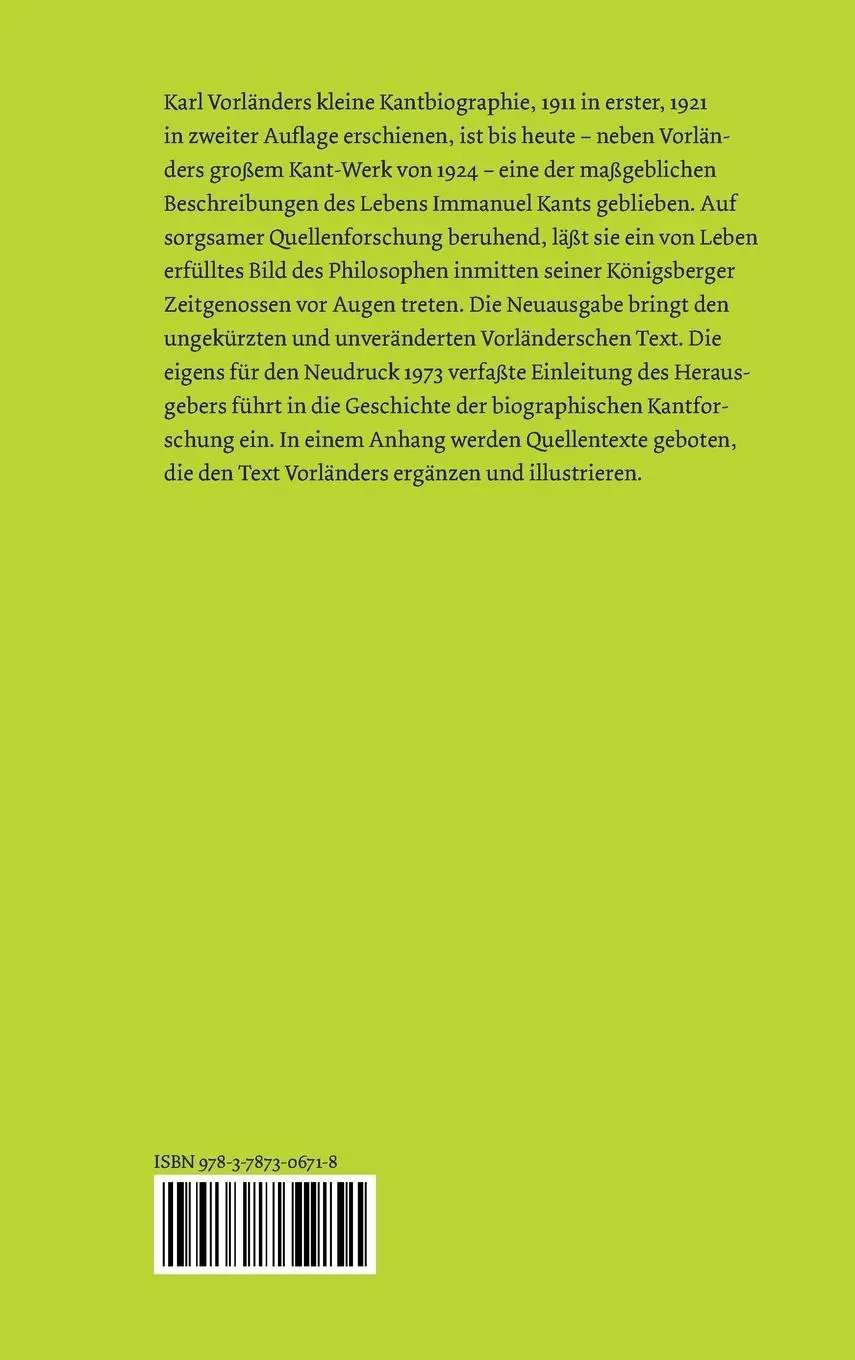Rückseite: 9783787306718 | Immanuel Kants Leben | Karl Vorländer | Buch | 284 S. | Deutsch | 1986