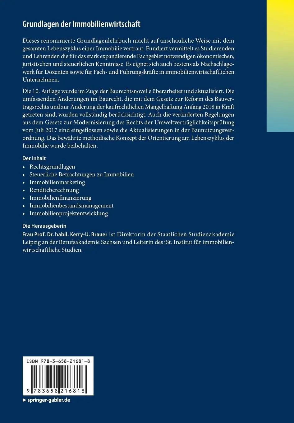 Rückseite: 9783658216818 | Grundlagen der Immobilienwirtschaft | Kerry-U. Brauer | Taschenbuch