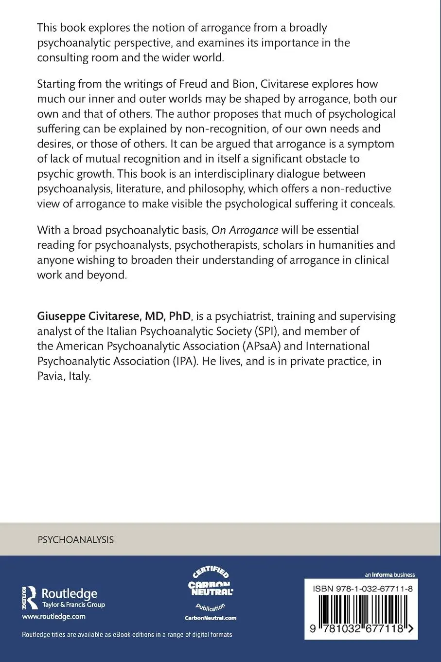 Rückseite: 9781032677118 | On Arrogance | A Psychoanalytic Essay | Giuseppe Civitarese | Buch