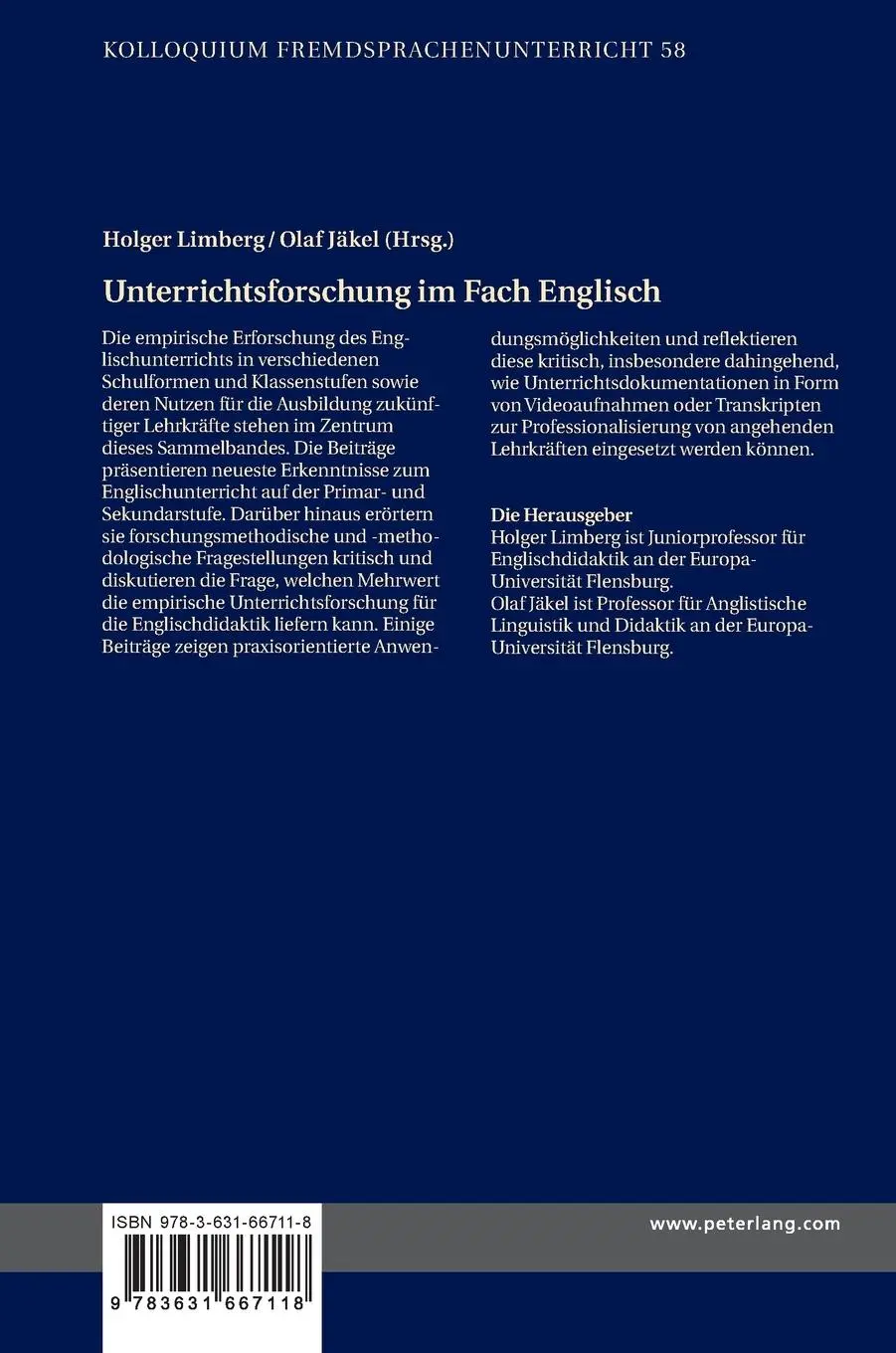 Rückseite: 9783631667118 | Unterrichtsforschung im Fach Englisch | Olaf Jäkel (u. a.) | Buch