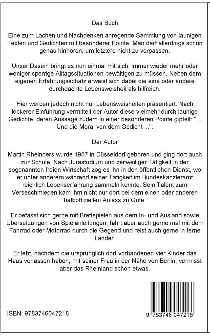 Rückseite: 9783746047218 | Und die Moral von dem Gedicht | Martin Rheinders | Taschenbuch | 2018