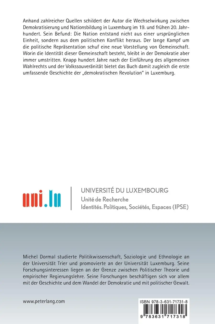 Rückseite: 9783631717318 | Politische Repräsentation und vorgestellte Gemeinschaft | Dormal