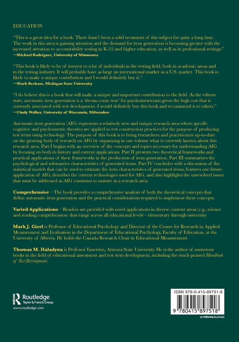Rückseite: 9780415897518 | Automatic Item Generation | Theory and Practice | Mark J Gierl (u. a.)