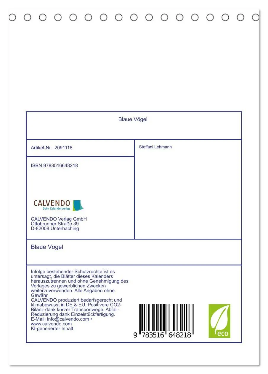 Bild: 9783516648218 | Blaue Vögel (Tischkalender 2026 DIN A5 hoch), CALVENDO Monatskalender
