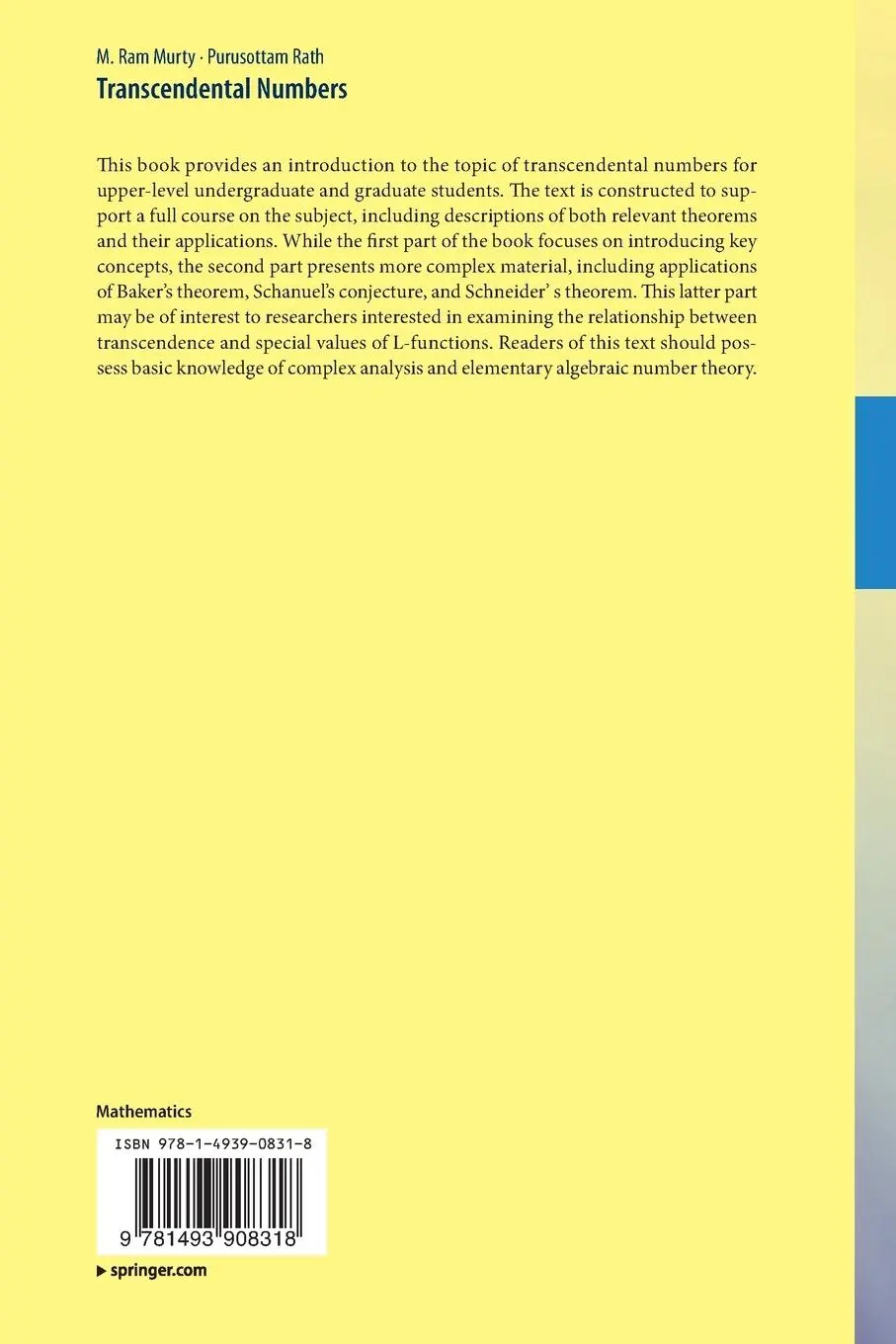 Rückseite: 9781493908318 | Transcendental Numbers | Purusottam Rath (u. a.) | Taschenbuch | xiv