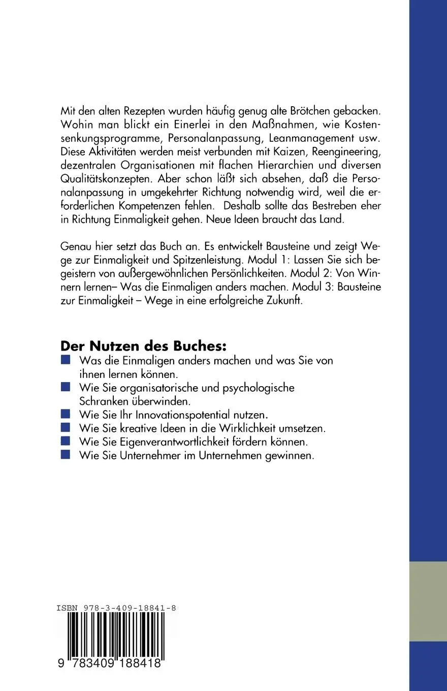 Rückseite: 9783409188418 | Vorsprung durch Einmaligkeit | Bausteine und Wege zum Erfolgsprogramm