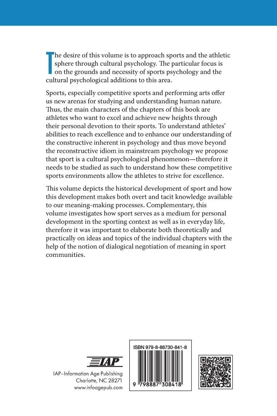 Rückseite: 9798887308418 | Handbook of Cultural Sports Psychology | Natalie Jancosek (u. a.)