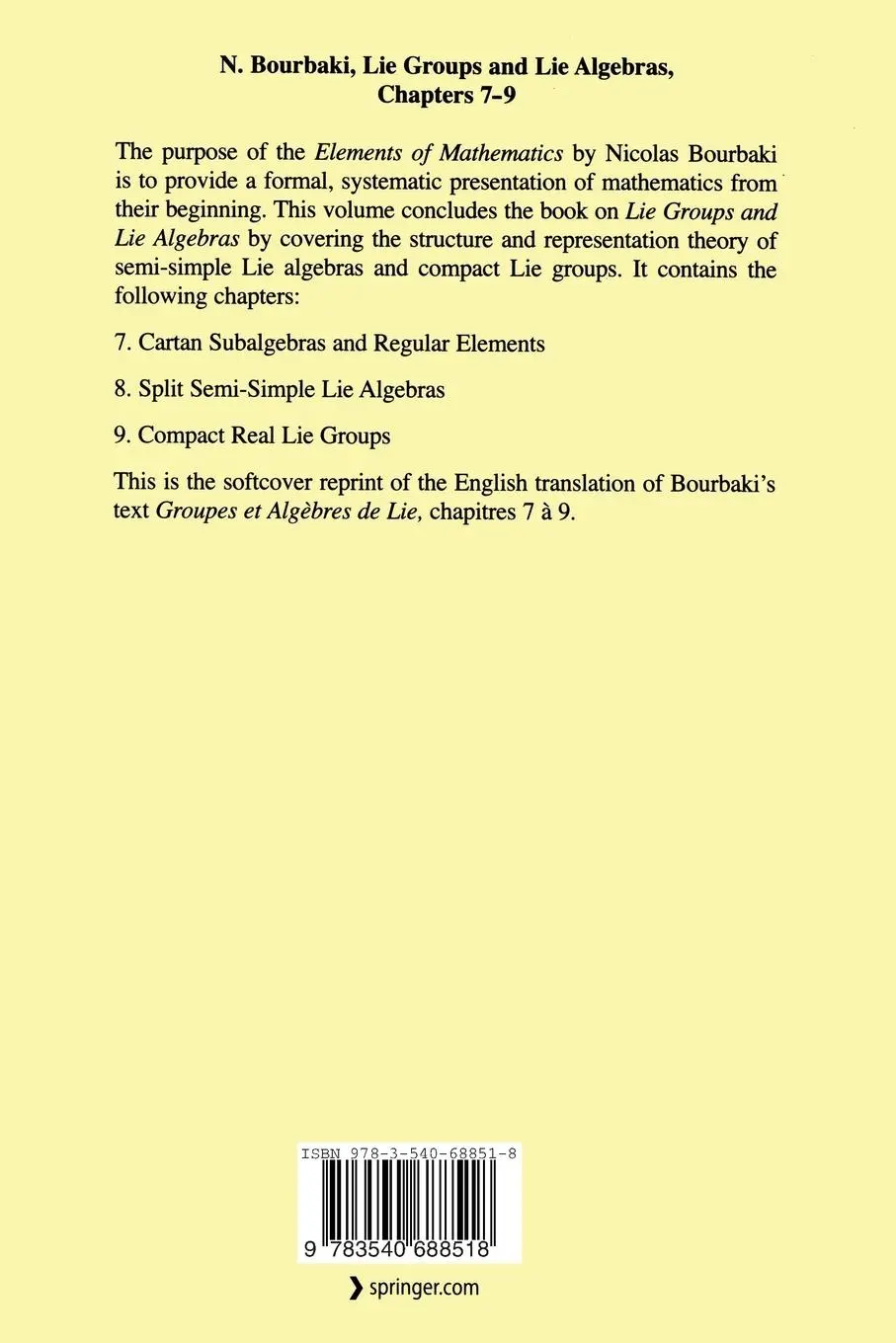 Rückseite: 9783540688518 | Lie Groups and Lie Algebras | Chapters 7-9 | N. Bourbaki | Taschenbuch