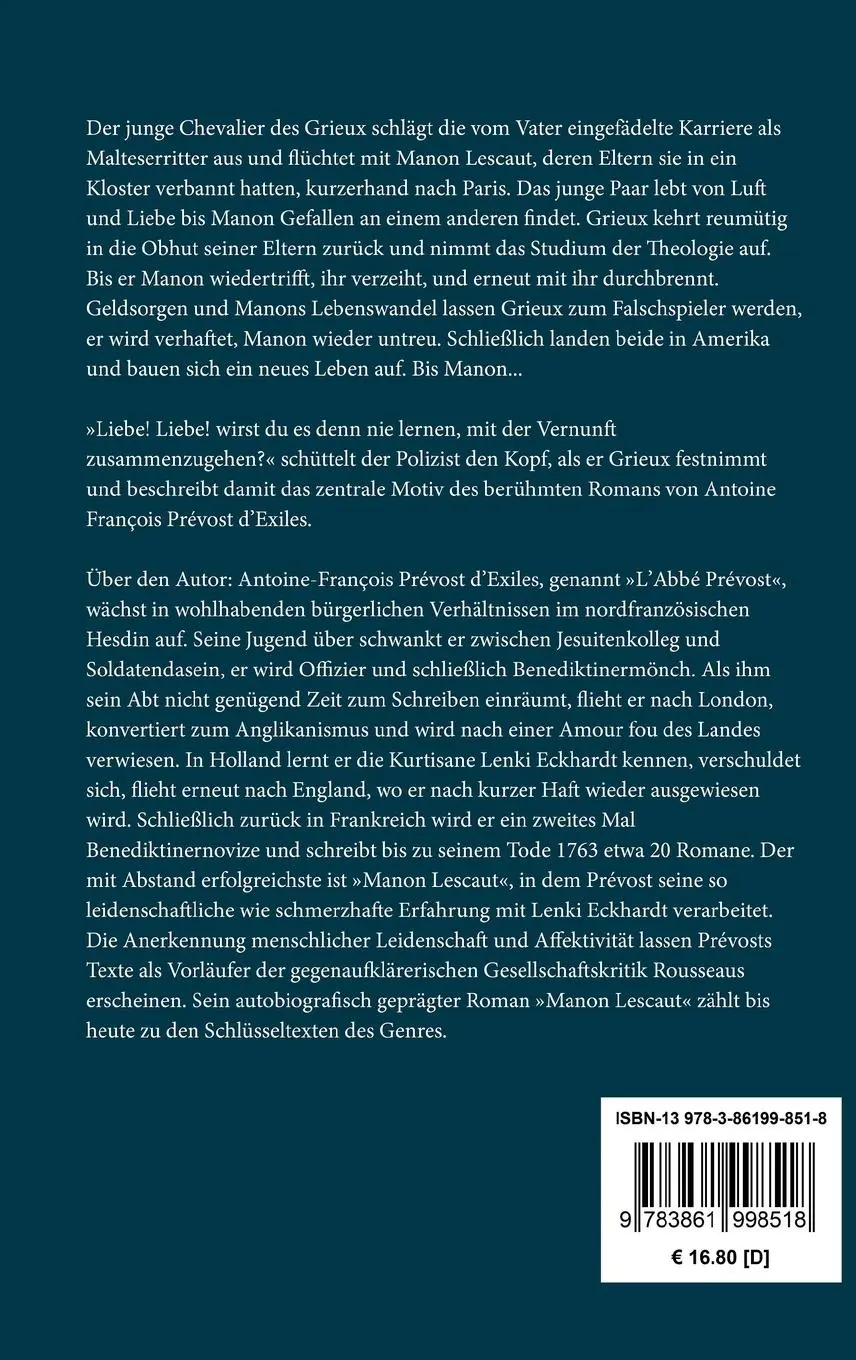 Rückseite: 9783861998518 | Manon Lescaut | Antoine-François Prévost d'Exiles | Buch | 164 S.