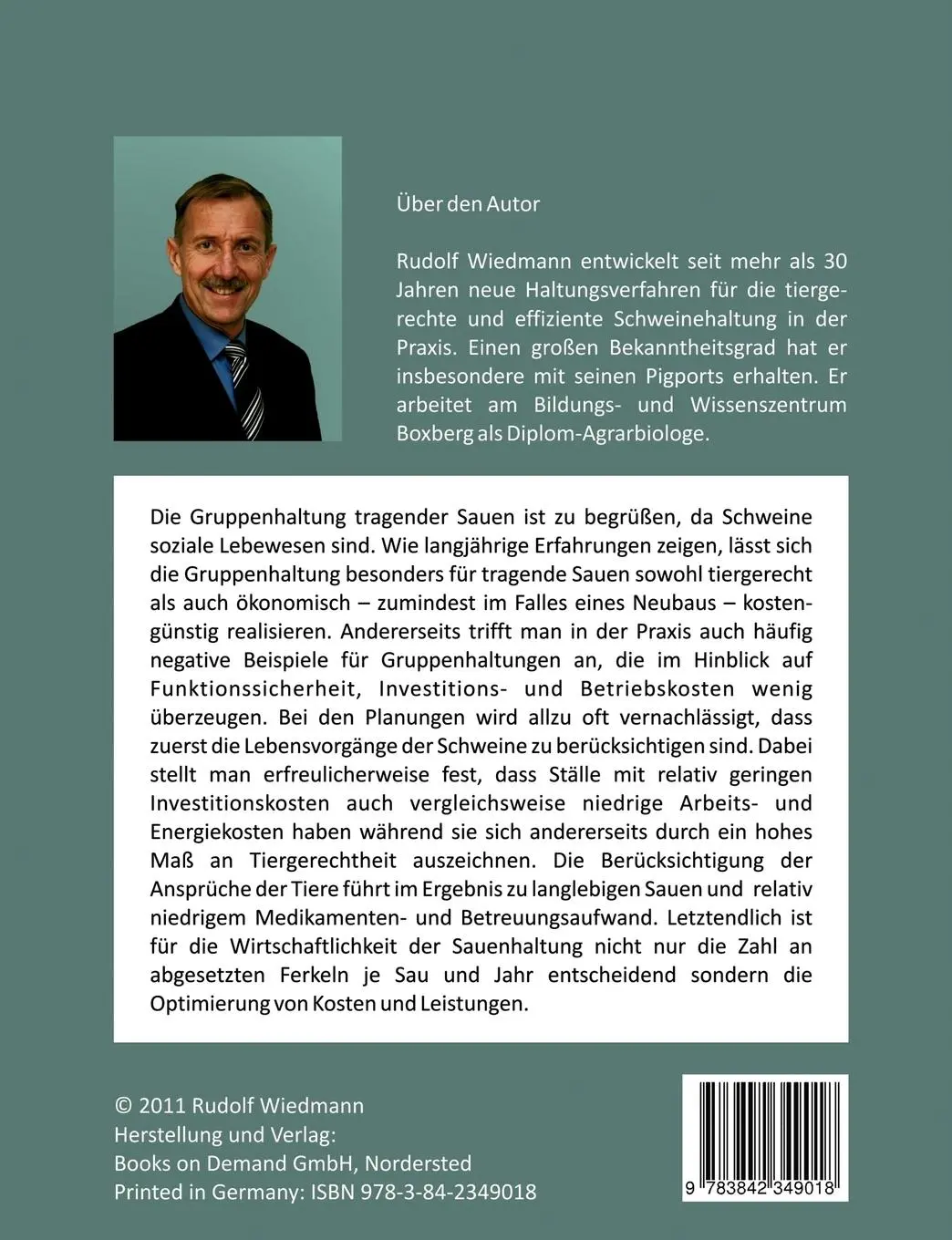 Rückseite: 9783842349018 | Gruppenhaltung tragender Sauen | Rudolf Wiedmann | Taschenbuch | 2011