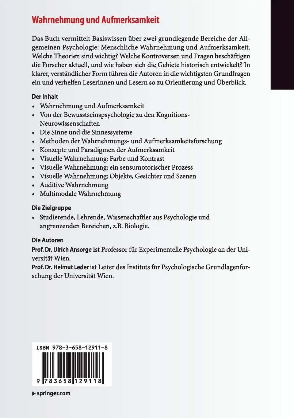 Rückseite: 9783658129118 | Wahrnehmung und Aufmerksamkeit | Helmut Leder (u. a.) | Taschenbuch