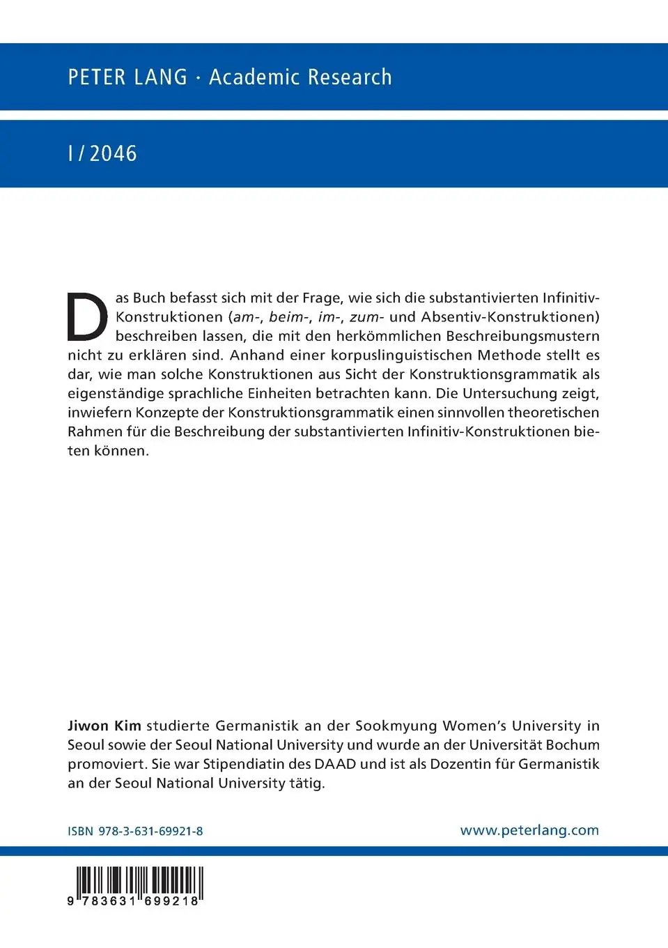 Rückseite: 9783631699218 | Die substantivierten Infinitiv-Konstruktionen im Deutschen | Jiwon Kim