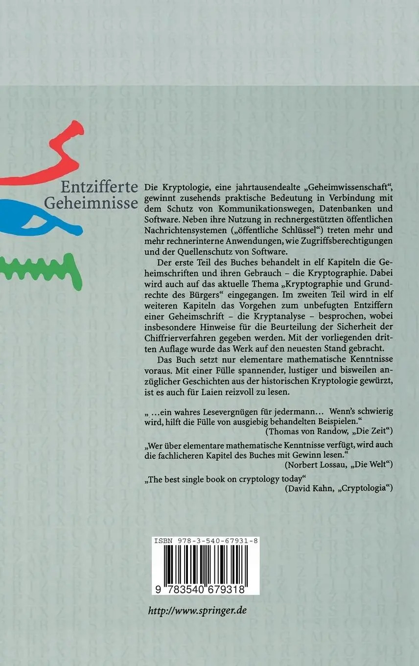 Rückseite: 9783540679318 | Entzifferte Geheimnisse | Methoden und Maximen der Kryptologie | Bauer Rückseite: 9783540679318 | Entzifferte Geheimnisse | Methoden und Maximen der Kryptologie | Bauer