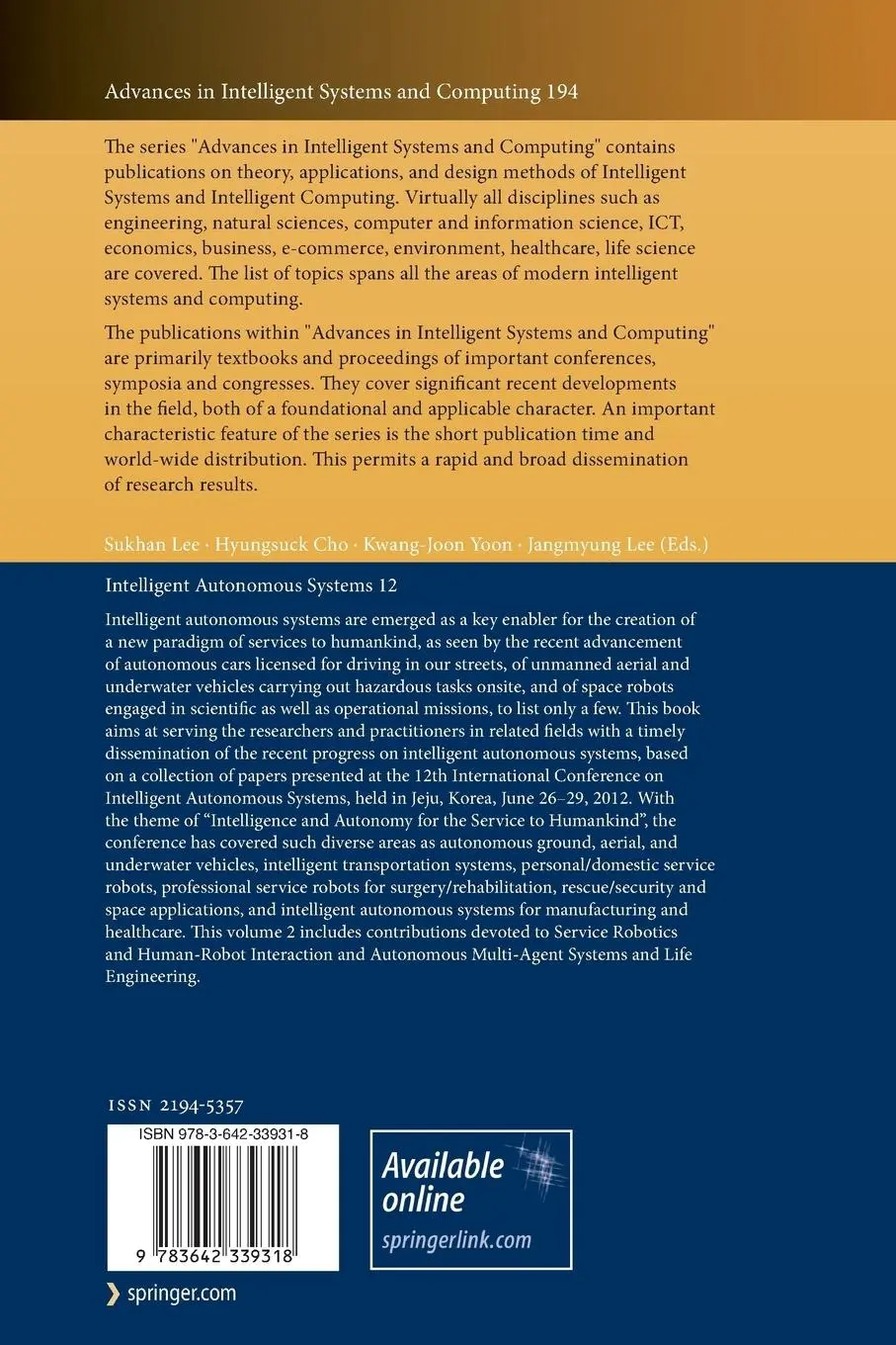 Rückseite: 9783642339318 | Intelligent Autonomous Systems 12 | Sukhan Lee (u. a.) | Taschenbuch