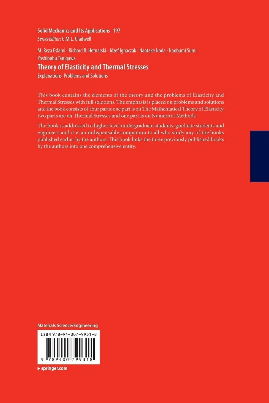 Rückseite: 9789400799318 | Theory of Elasticity and Thermal Stresses | M. Reza Eslami (u. a.)