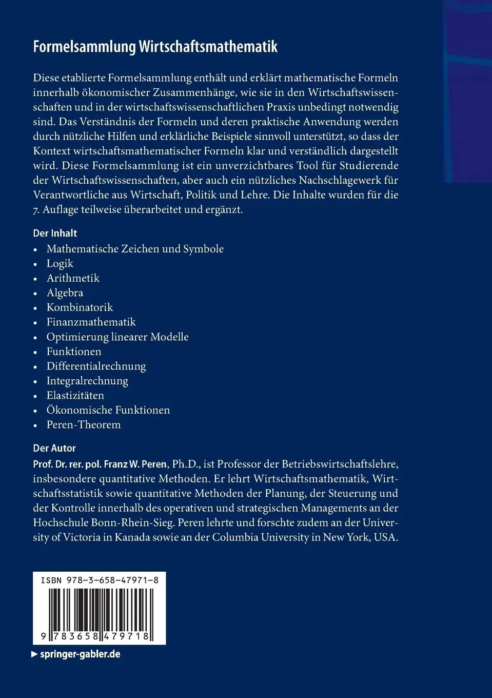 Rückseite: 9783658479718 | Formelsammlung Wirtschaftsmathematik | Franz W. Peren | Taschenbuch