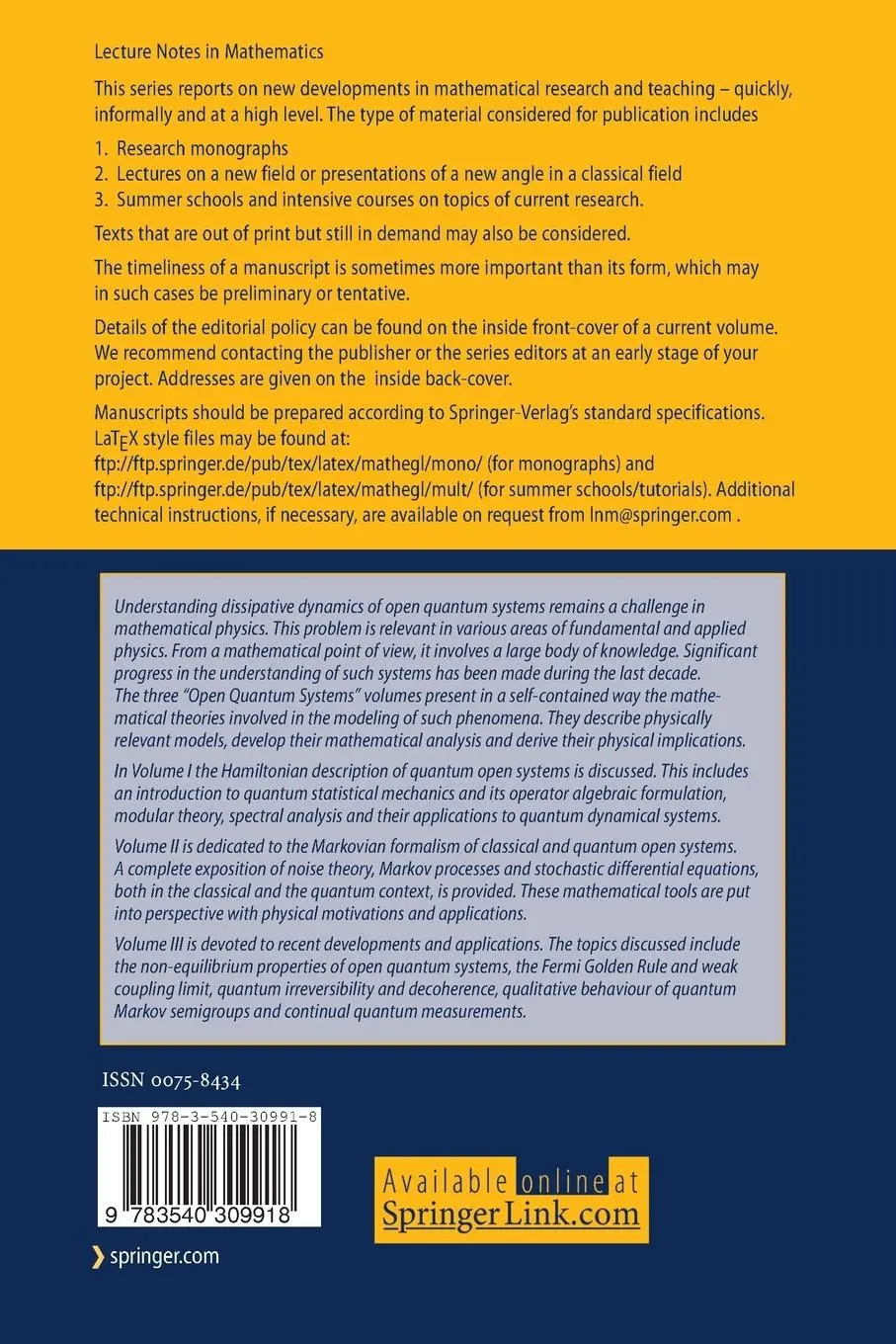 Rückseite: 9783540309918 | Open Quantum Systems I | The Hamiltonian Approach | Attal (u. a.)