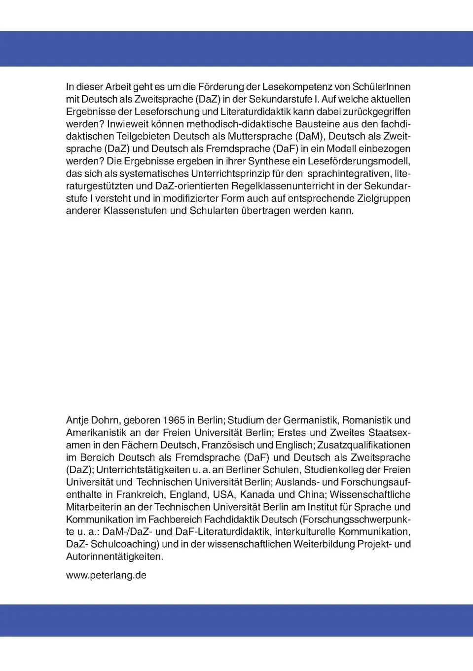 Rückseite: 9783631559918 | Leseförderung mit literarischen Texten im DaZ-Unterricht | Antje Dohrn