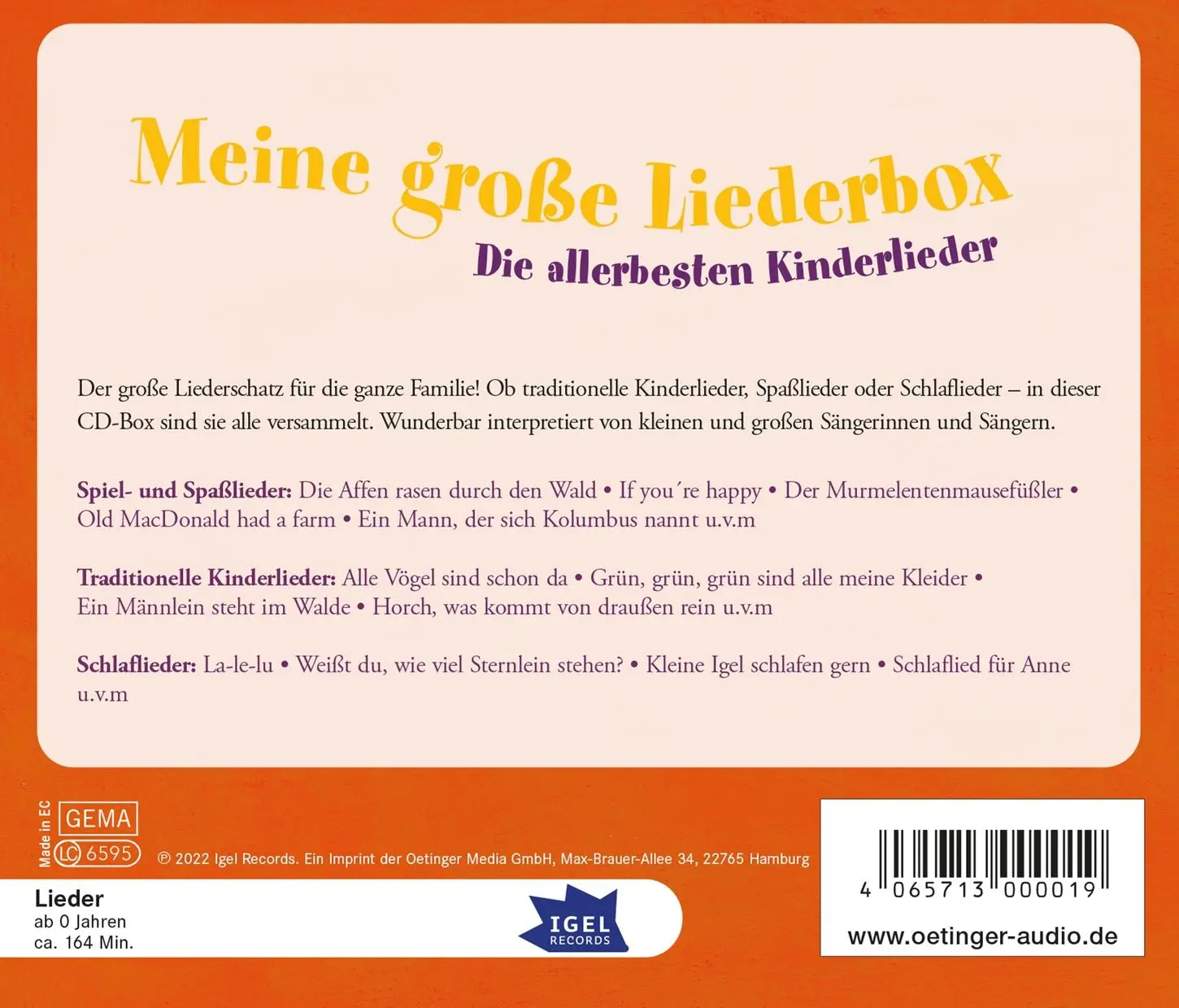 Rückseite: 4065713000019 | Meine große Liederbox | Die allerbesten Kinderlieder | Audio-CD | 2022