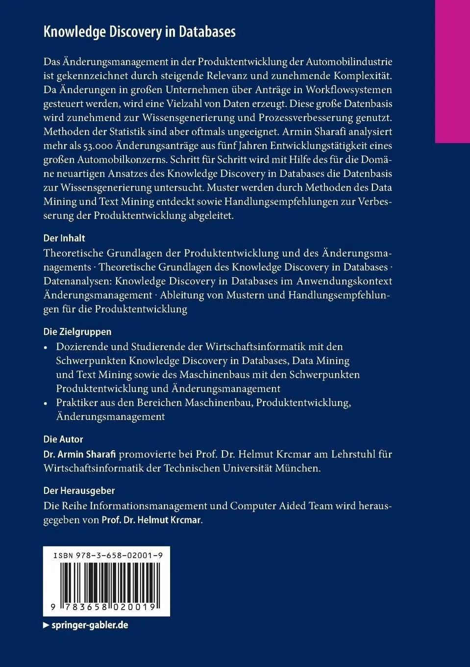 Rückseite: 9783658020019 | Knowledge Discovery in Databases | Armin Sharafi | Taschenbuch | xxiv