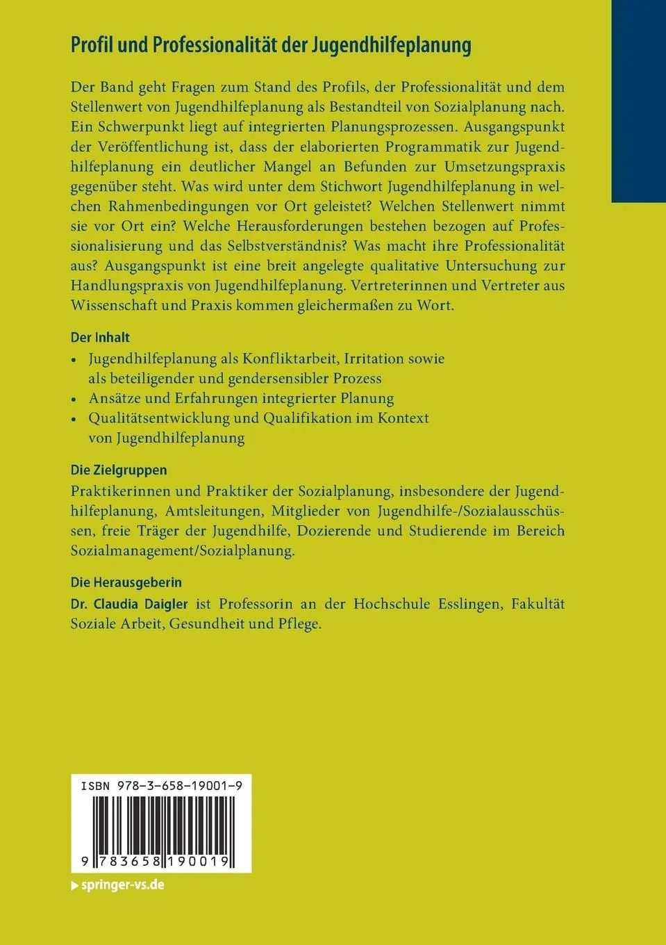 Rückseite: 9783658190019 | Profil und Professionalität der Jugendhilfeplanung | Claudia Daigler