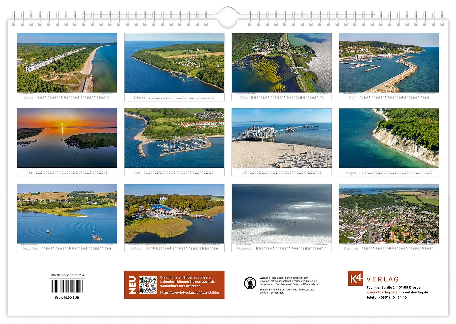 Bild: 9783910680319 | Kalender Rügen Luftaufnahmen 2026 | 45 x 30 cm weißes Kalendarium