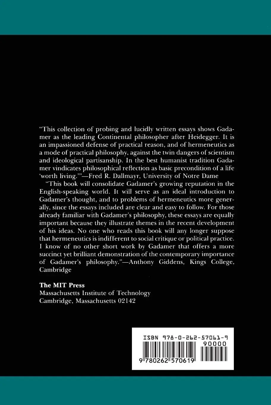 Rückseite: 9780262570619 | Reason in the Age of Science | Hans-Georg Gadamer | Taschenbuch | 1983