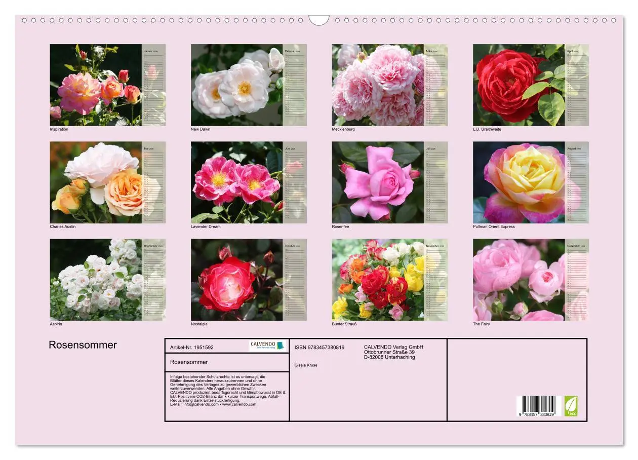 Bild: 9783457380819 | Rosensommer (Wandkalender 2026 DIN A2 quer), CALVENDO Monatskalender