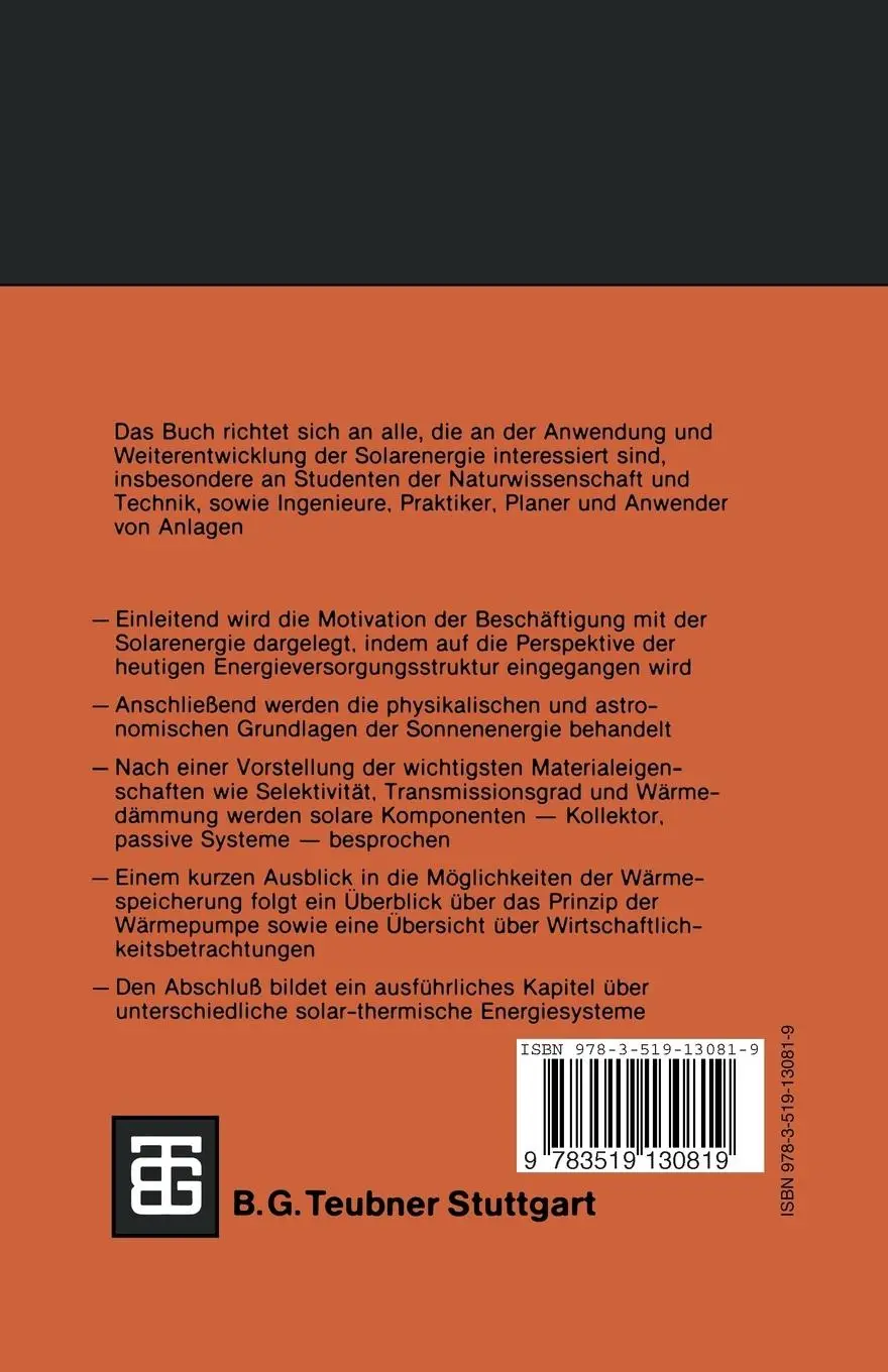 Rückseite: 9783519130819 | Sonnenenergie | Physikalische Grundlagen und thermische Anwendungen