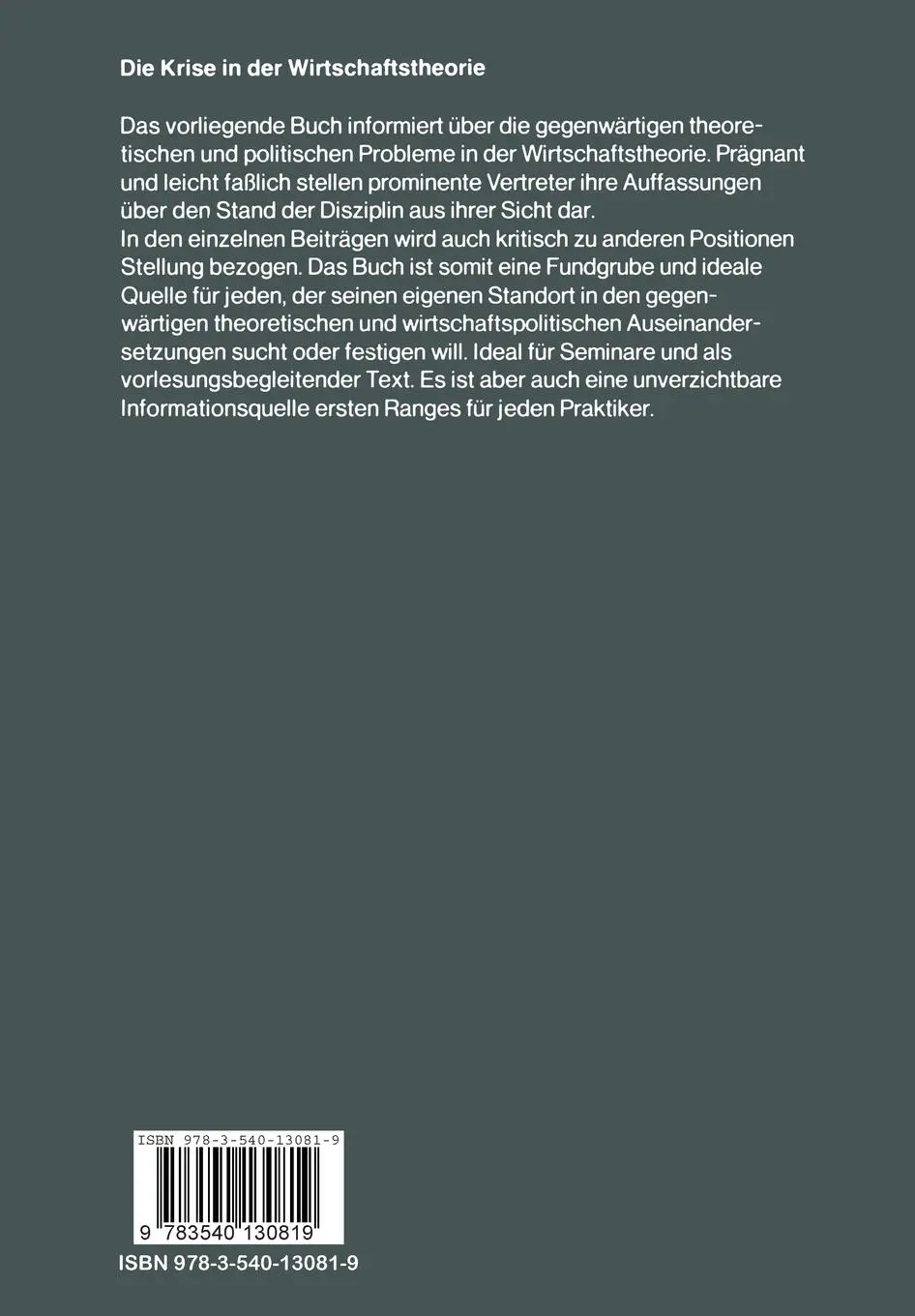 Rückseite: 9783540130819 | Die Krise in der Wirtschaftstheorie | K. J. Arrow (u. a.) | Buch