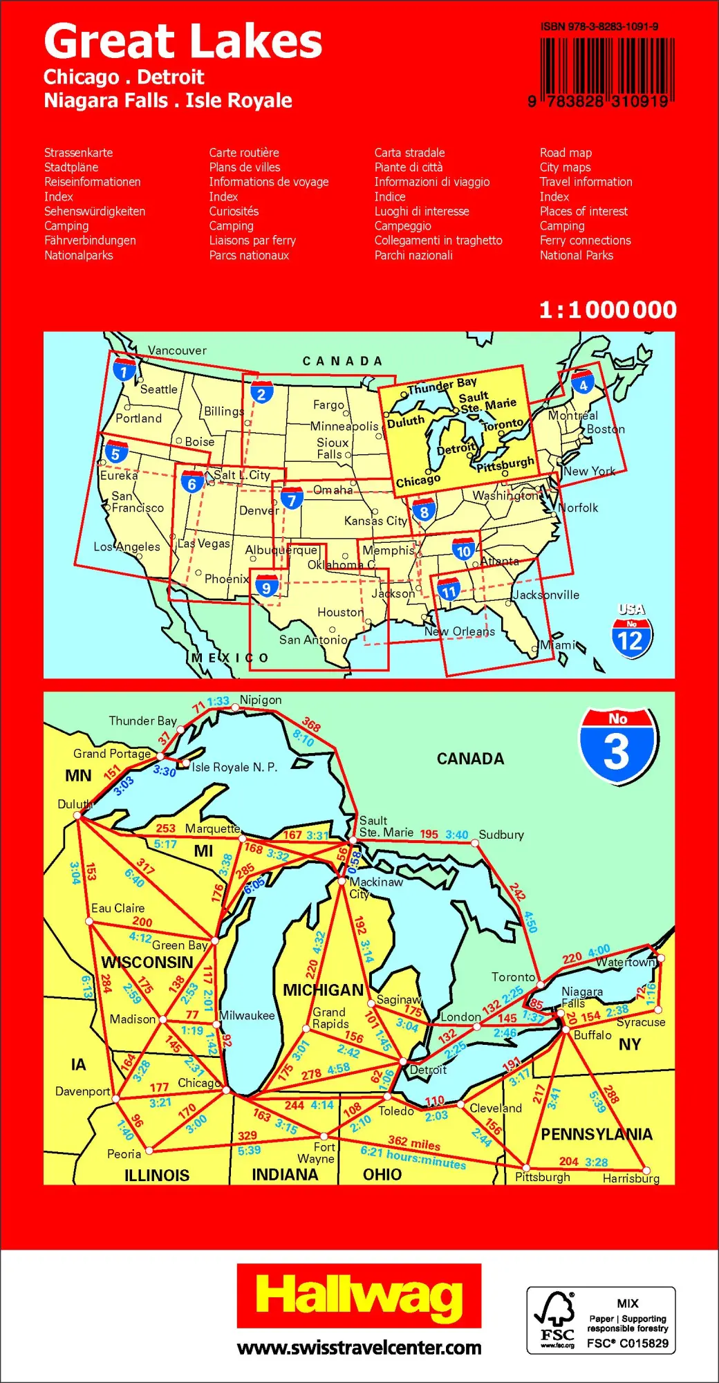 Rückseite: 9783828310919 | Hallwag Strassenkarte USA, Great Lakes 1:1 Mio. | AG | (Land-)Karte